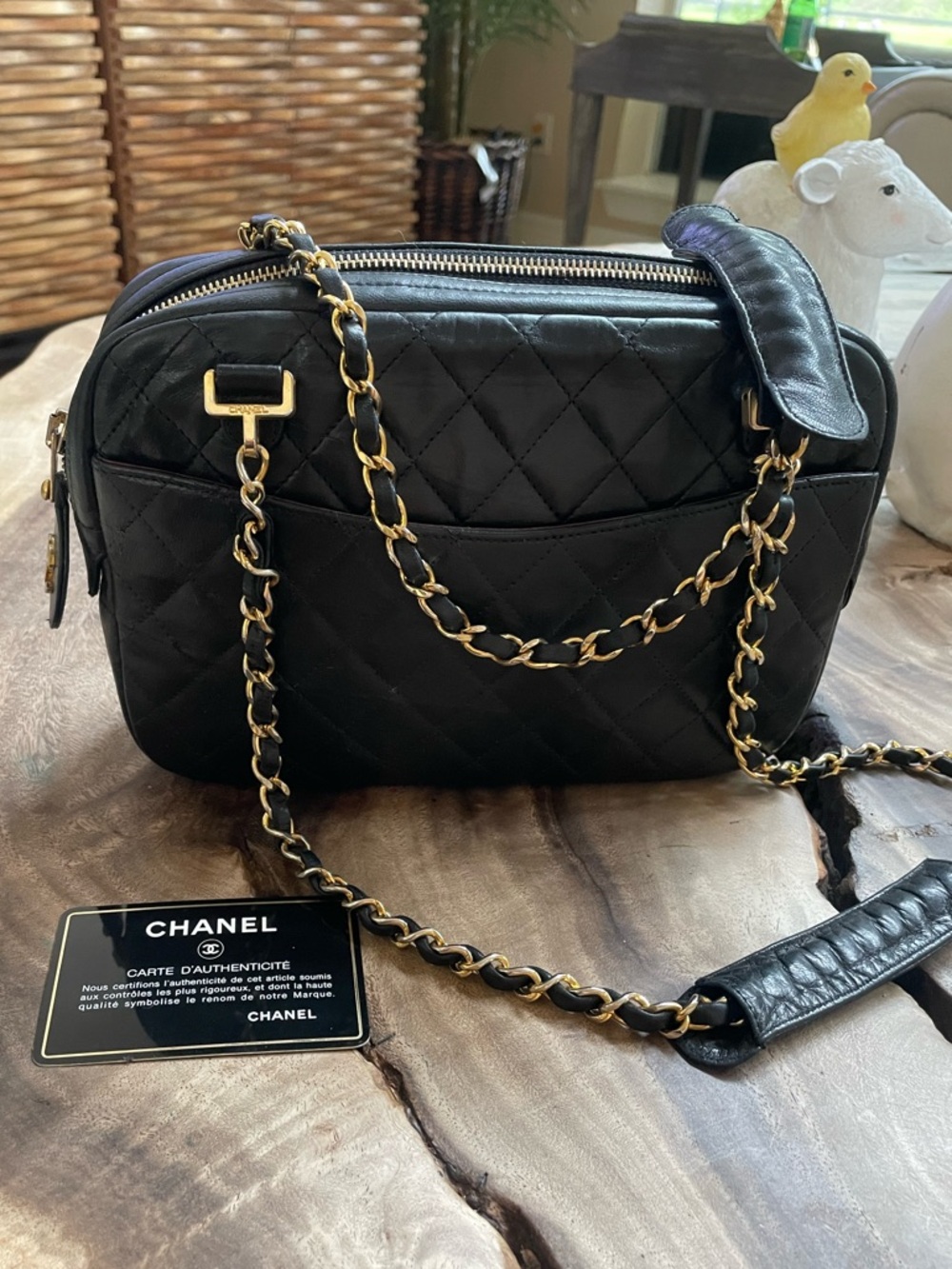 Chanel vintage quilted shoulder camera bag black gold REPAIRED